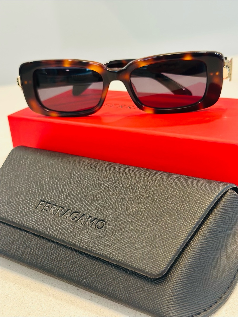 Salvatore Ferragamo Tortoiseshell Rectangle Sunglasses with Dark Lenses